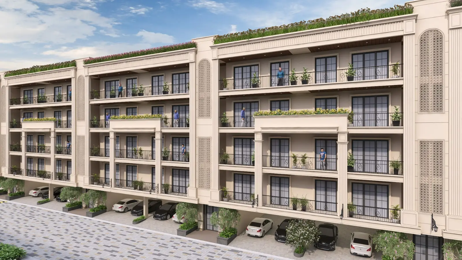 Modern residential building with balconies, plants, and parked cars in front.
