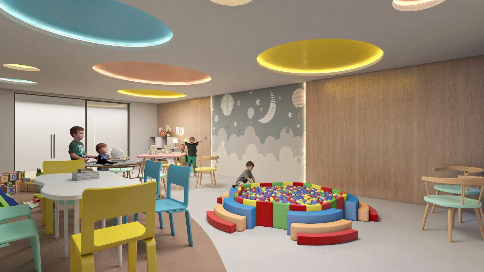 Brightly colored playroom with children, a ball pit, and playful ceiling lights.