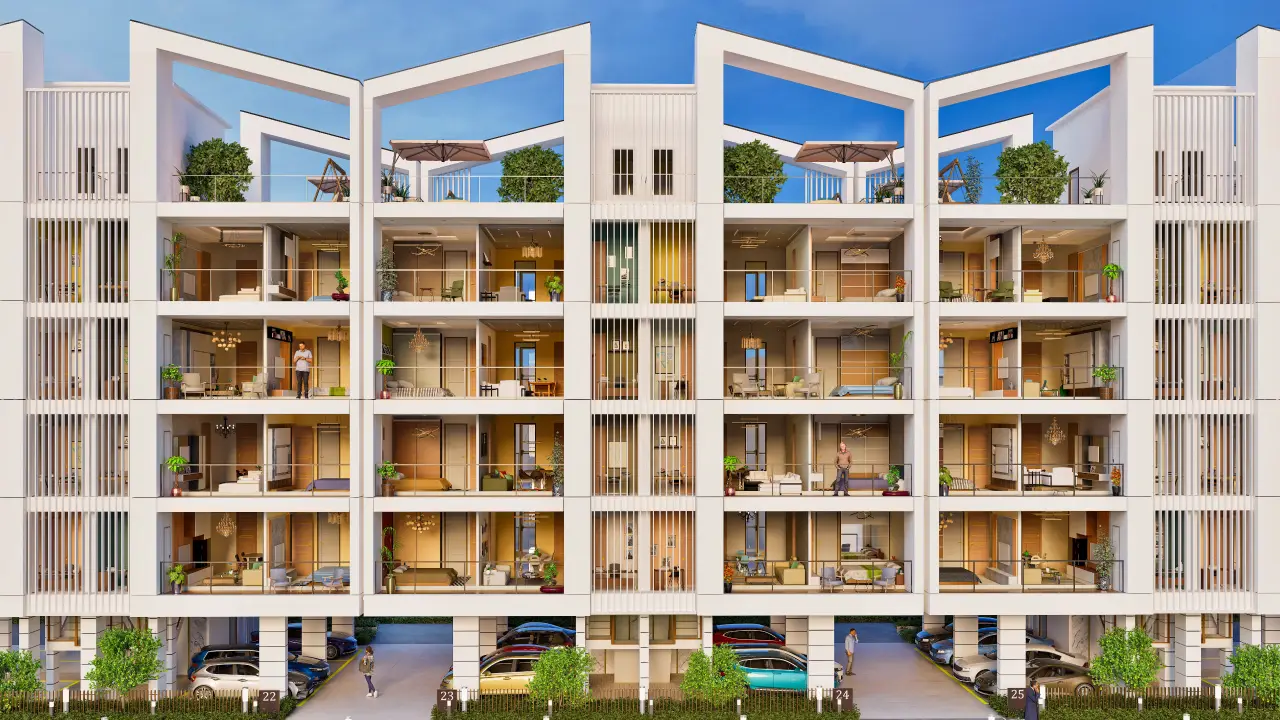Modern residential building with multiple balconies, greenery, and parked cars in front.
