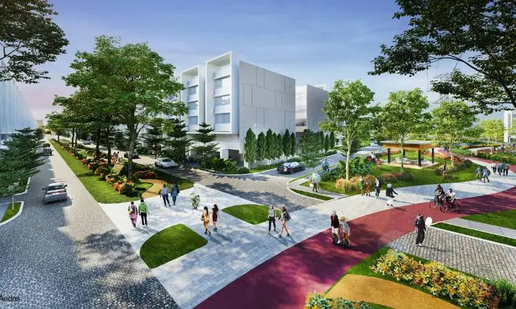 A vibrant urban scene with pedestrians, greenery, and modern buildings along pathways.
