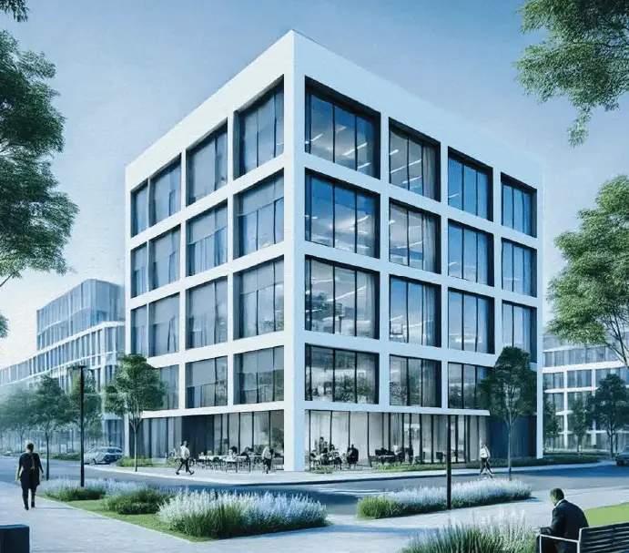 Contemporary office building with large glass windows and green landscaping, people walking nearby.