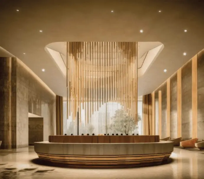 Modern lobby featuring a circular reception desk and wooden hanging decor.