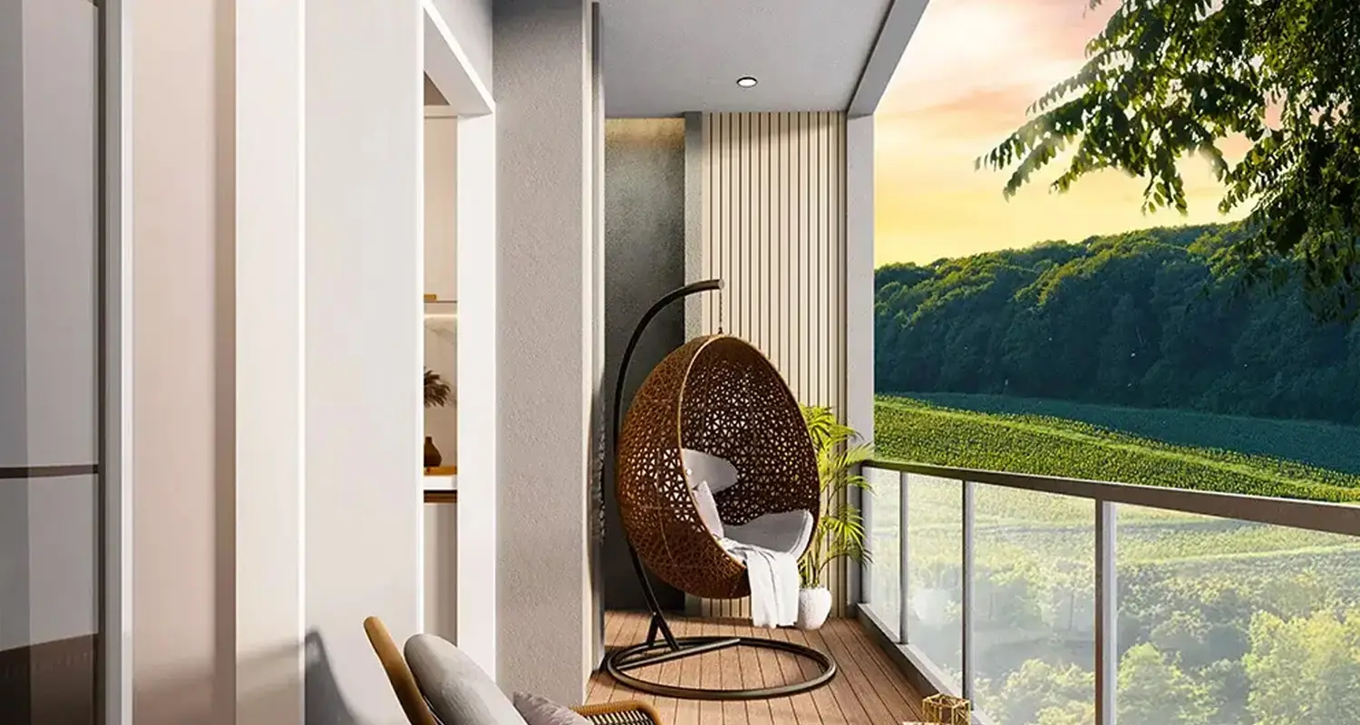 Cozy balcony featuring a hanging chair, wooden flooring, and a scenic green landscape.