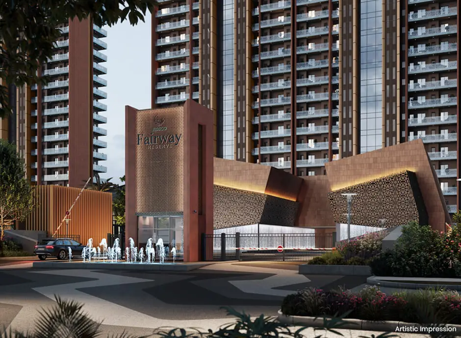 Modern entrance of Fairway Reserve with tall residential buildings in the background and landscaped surroundings.