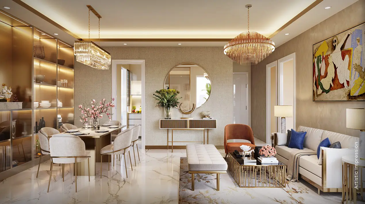 Stylish living and dining area with elegant furniture, decorative plants, and artwork on walls.