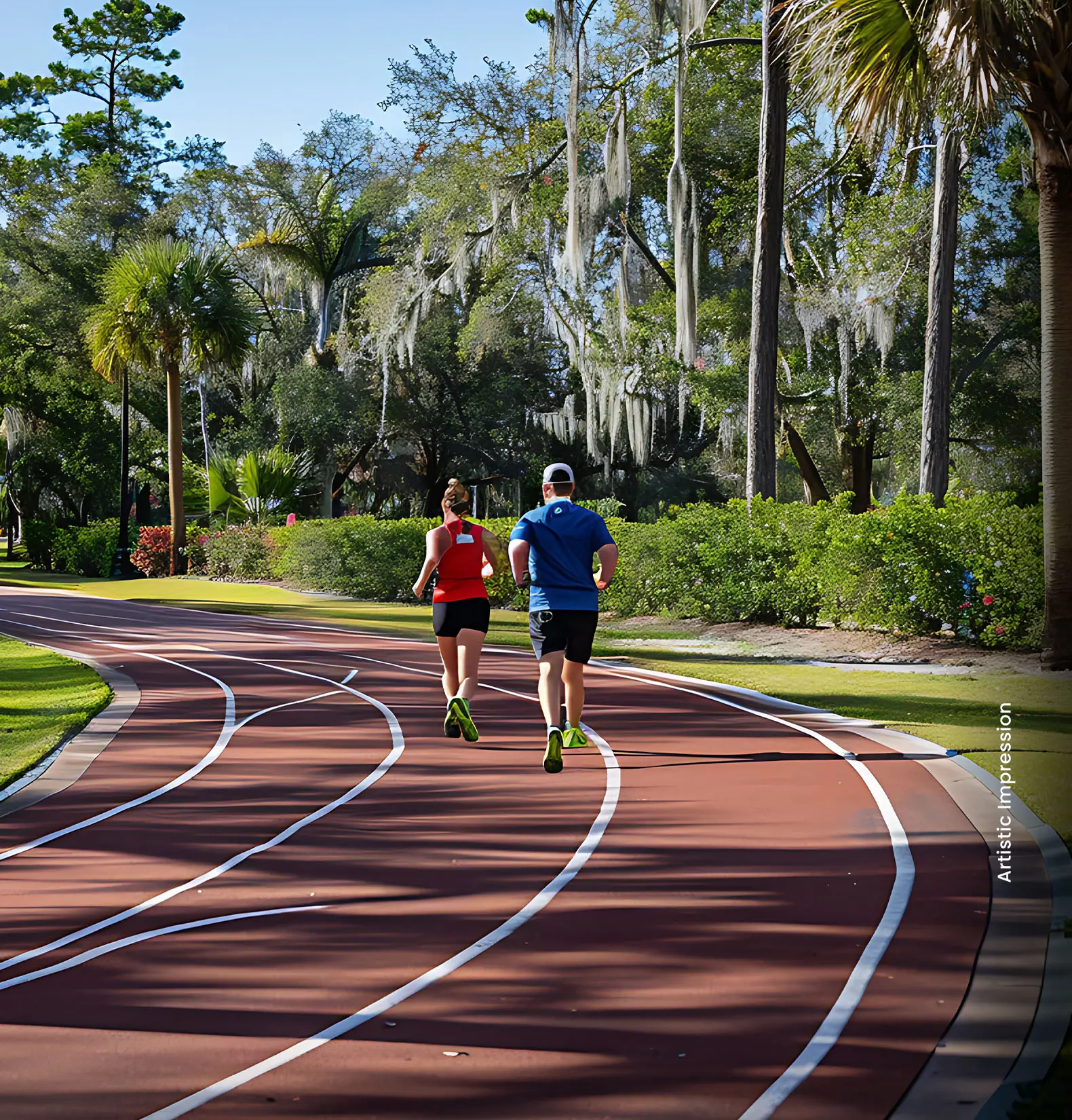 Two joggers running on a red track surrounded by lush greenery and tall trees.