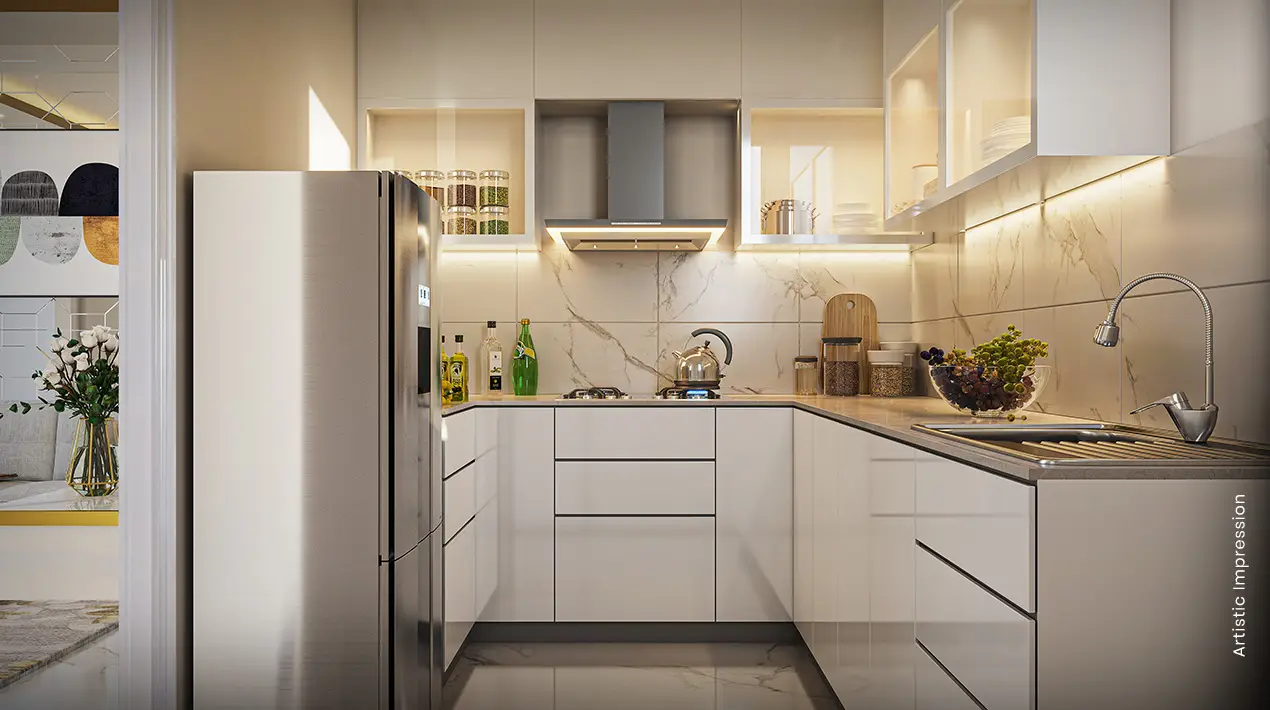 Stylish kitchen with white cabinets, stainless steel fridge, marble backsplash, and gas stove.