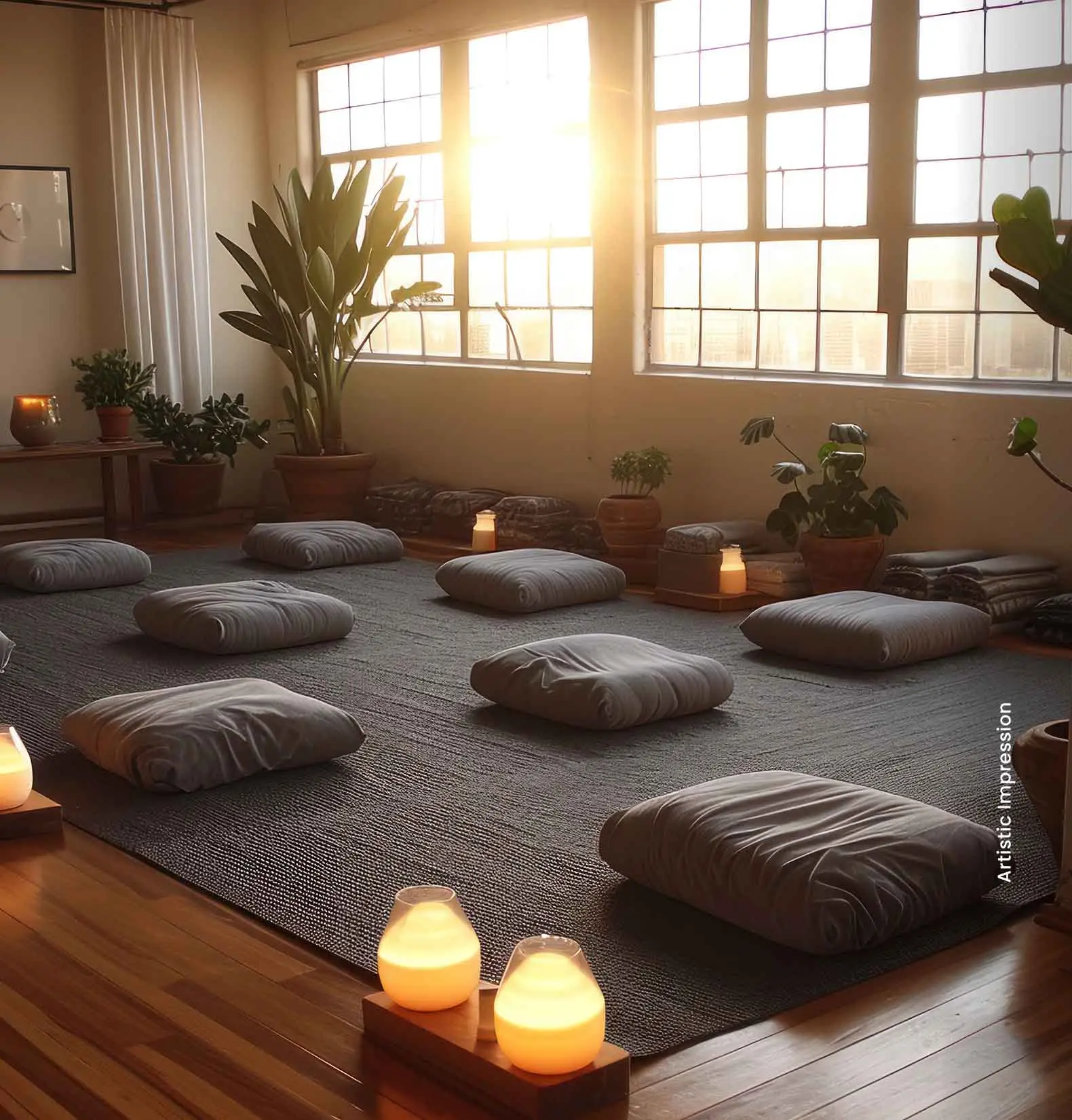 A serene meditation room with floor cushions, plants, and soft lighting from candles and sunlight.