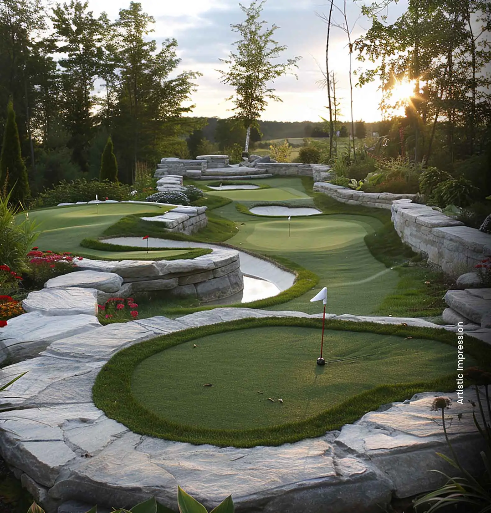 A landscaped mini golf course with stone borders, putting greens, and a sunset backdrop.