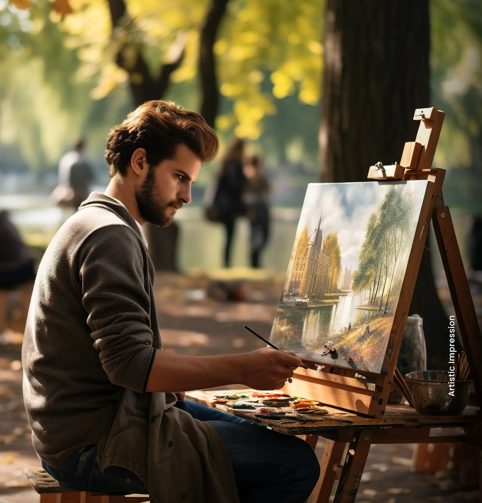 A man painting a landscape on an easel in a park surrounded by autumn trees.