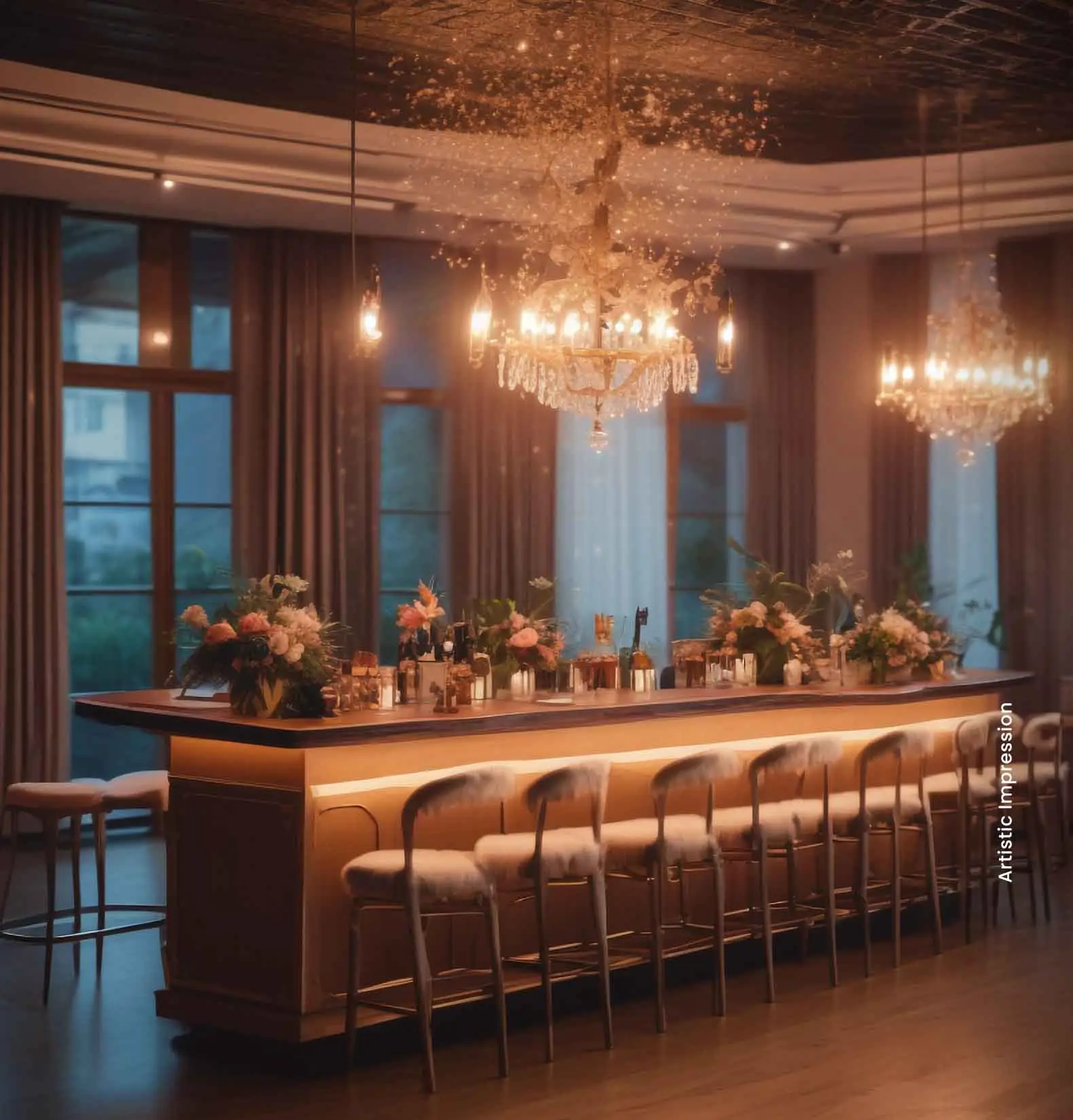 Stylish bar with floral arrangements, crystal chandeliers, and soft seating in a well-lit room.