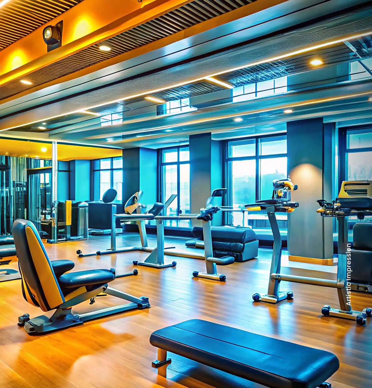 Modern gym with exercise equipment, large windows, wooden flooring, and bright lighting.