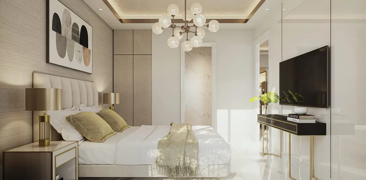 Stylish bedroom with a bed, decorative pillows, a chandelier, and a television.