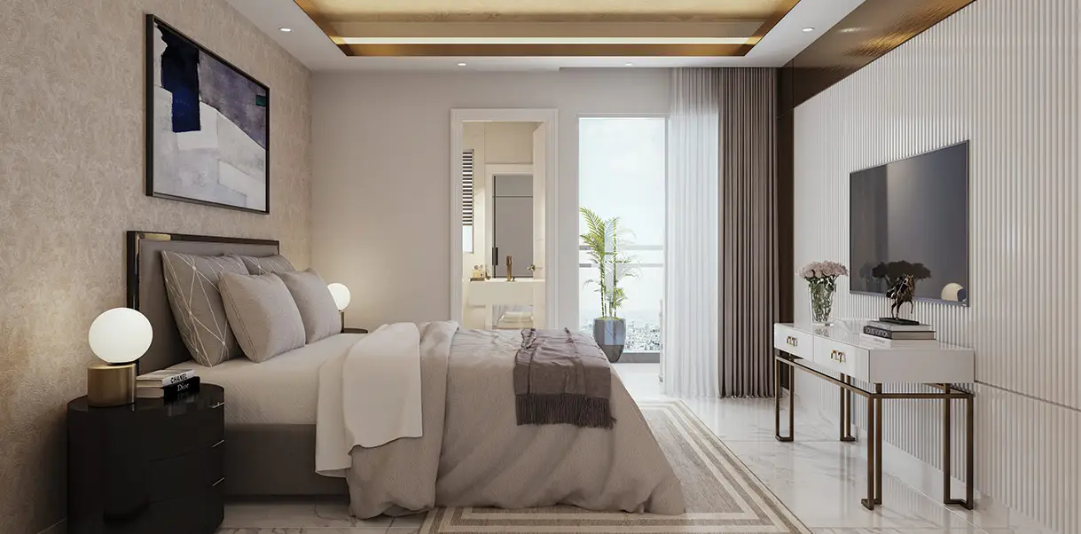 A stylish bedroom featuring a large bed, artwork, and a TV unit with a plant.