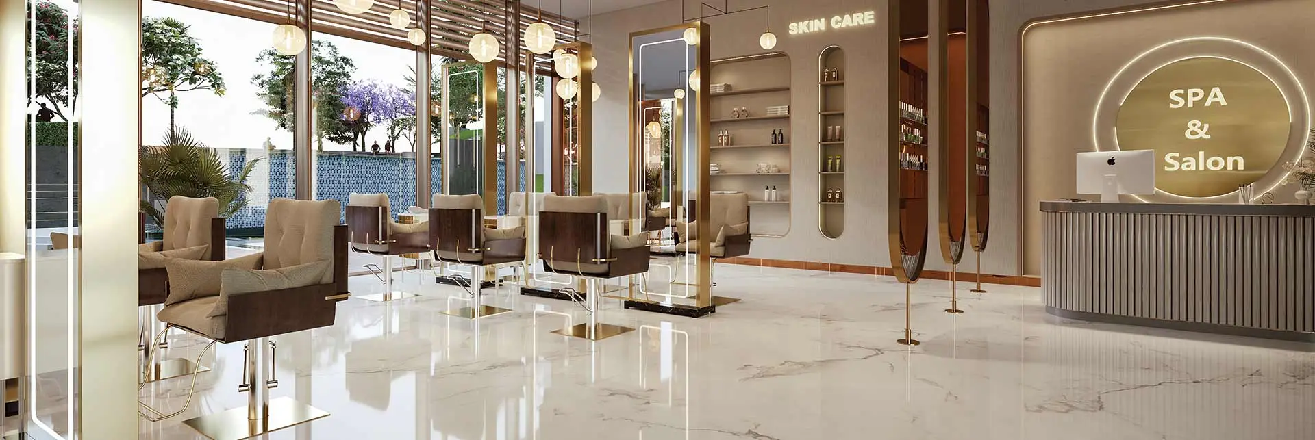 Modern spa and salon interior with elegant chairs, reception desk, and shelves displaying products.