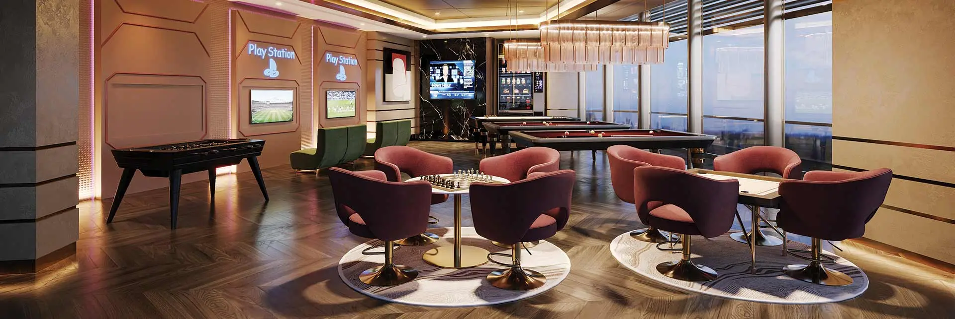 Modern game lounge featuring pool table, gaming consoles, and stylish seating arrangements.