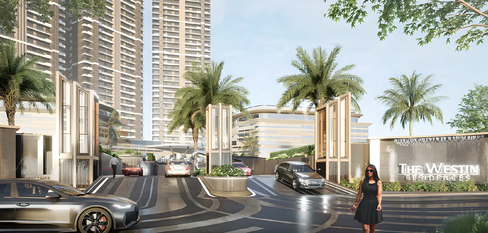 Modern entrance of The Westin Residences featuring palm trees and cars