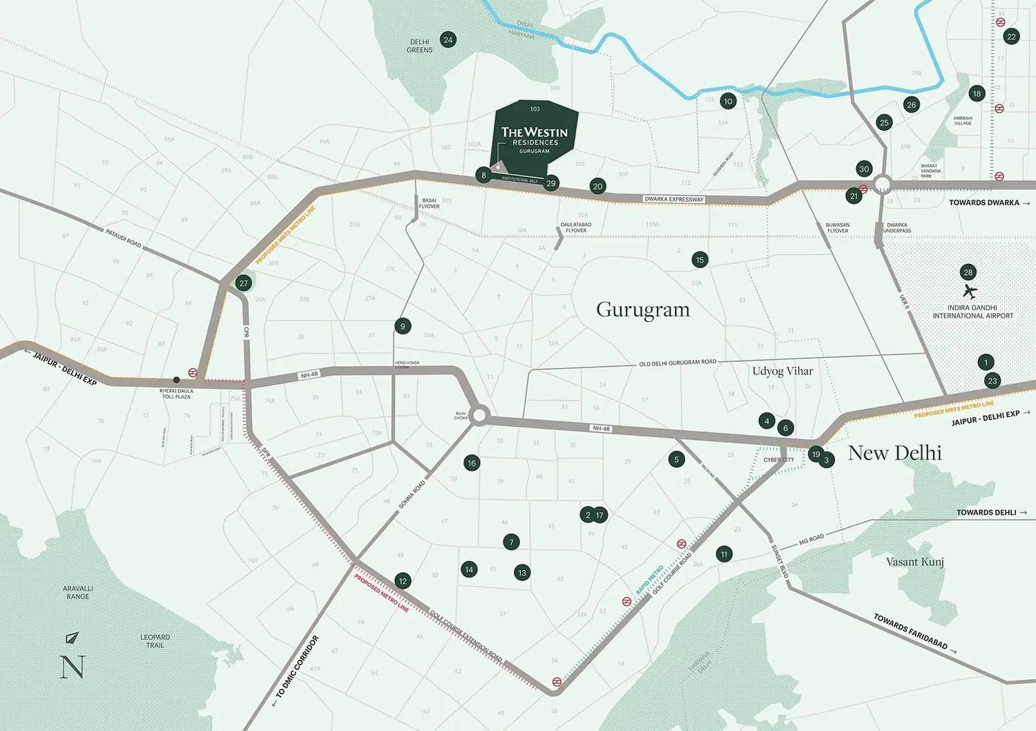 Map showing Gurugram and New Delhi with major roads and landmarks labeled.