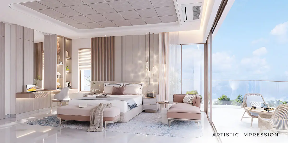 Spacious bedroom with large windows, elegant furniture, and a balcony view.