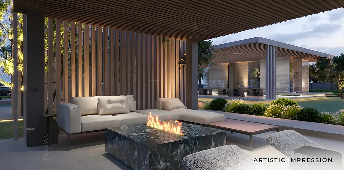 Cozy outdoor lounge with a fire pit, modern seating, and wooden slatted walls.