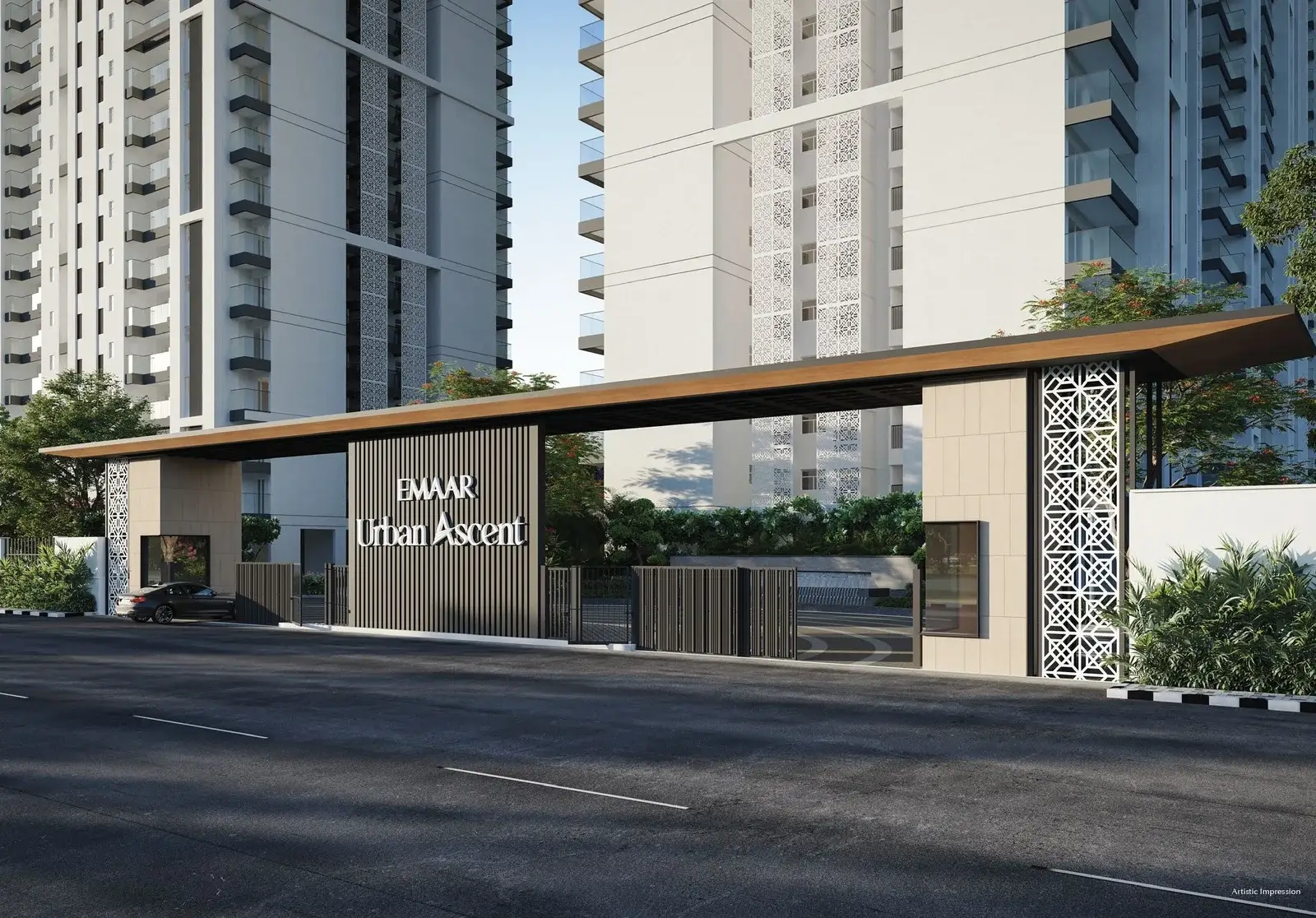 Entrance gate of Emaar Urban Ascent with modern architecture and surrounding greenery.