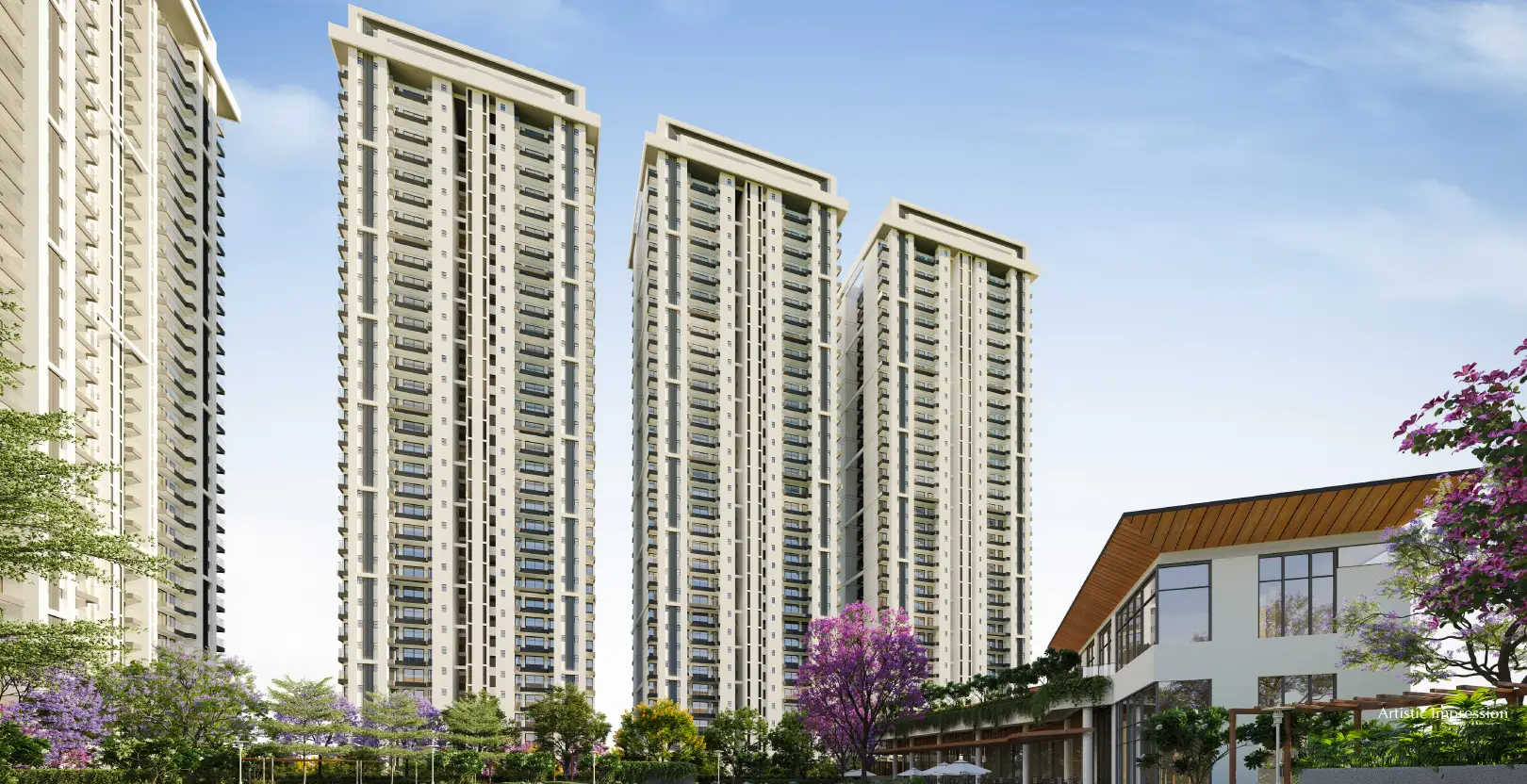 Three tall residential buildings with balconies surrounded by greenery and flowers.