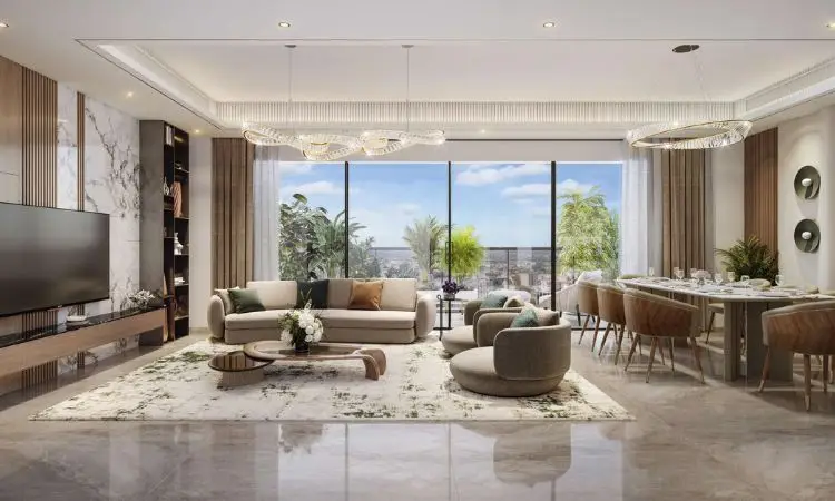 Spacious living room with large windows, elegant furniture, and a dining area with a view.