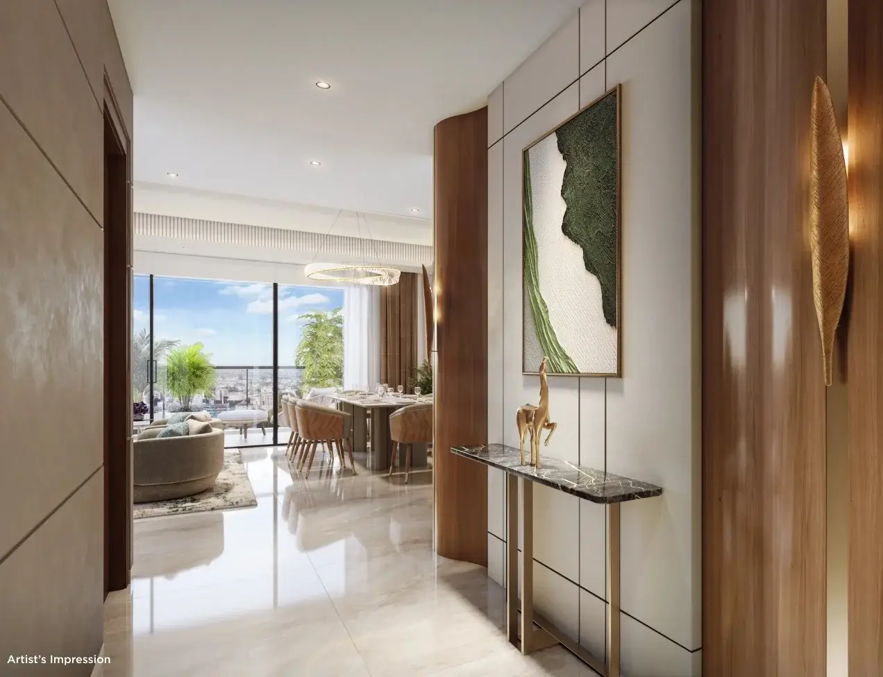 Stylish foyer with wooden accents, art piece, and a view of dining area through large windows.