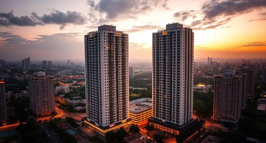 Two tall residential towers illuminated at sunset with a city skyline in the background.