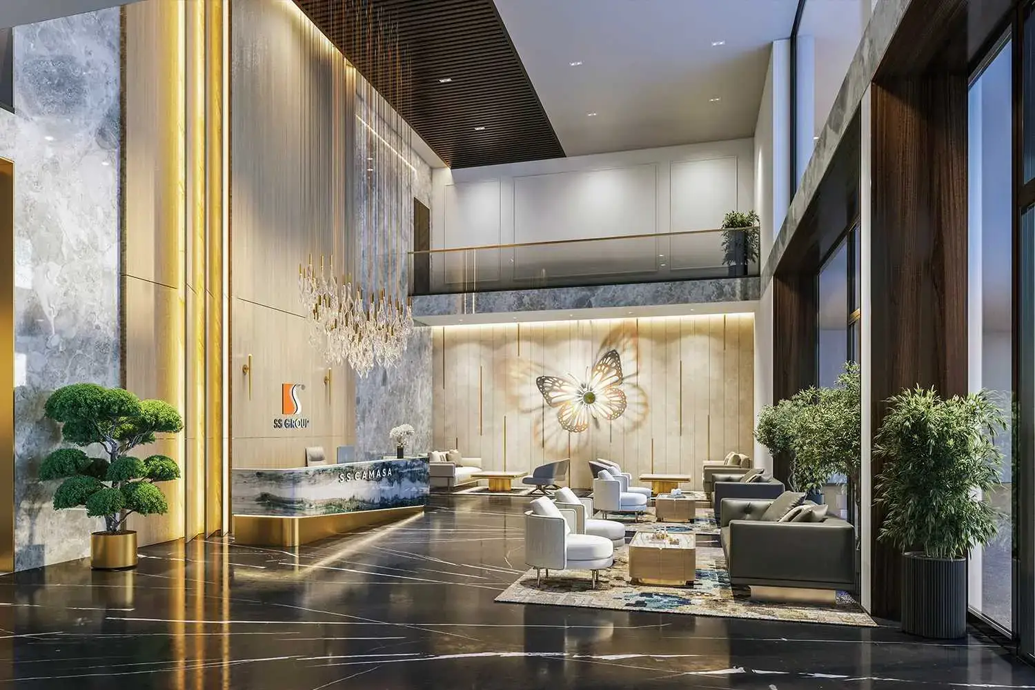 Modern lobby featuring a butterfly artwork, elegant seating, and decorative plants.