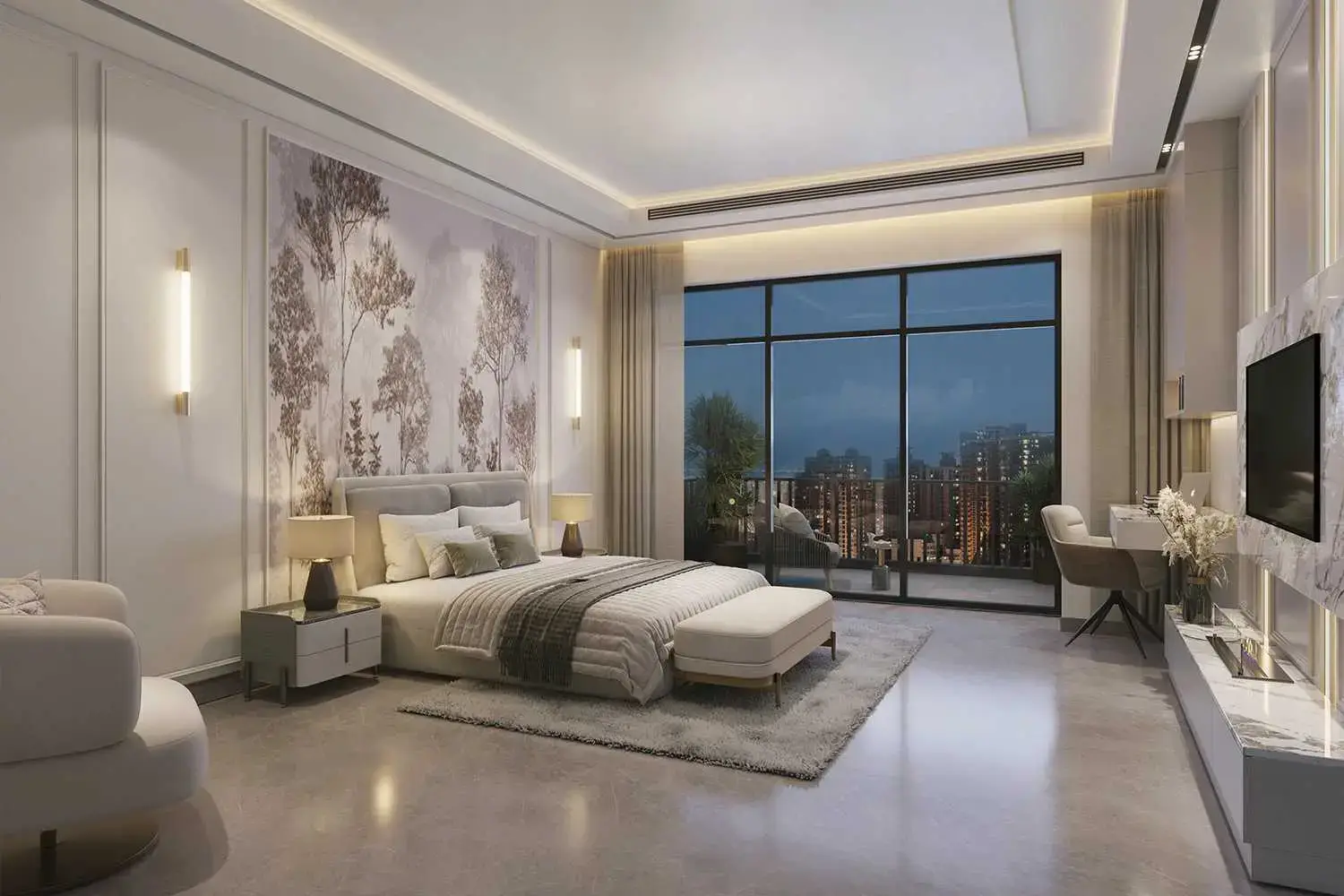 Spacious bedroom with large window, elegant bed, and contemporary decor featuring soft lighting.