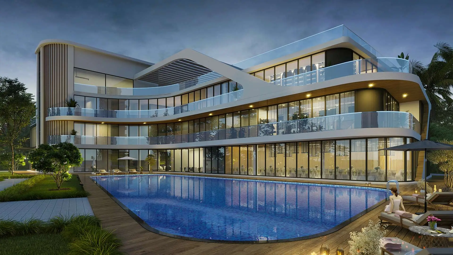 Contemporary villa with large glass windows, infinity pool, and landscaped garden at dusk.