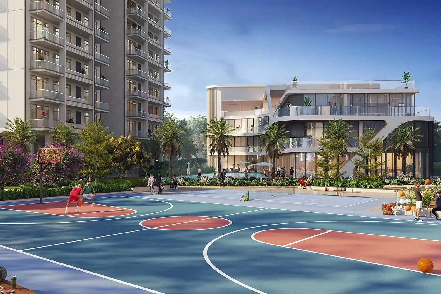 Colorful basketball court with players, modern buildings, palm trees, and landscaped area.