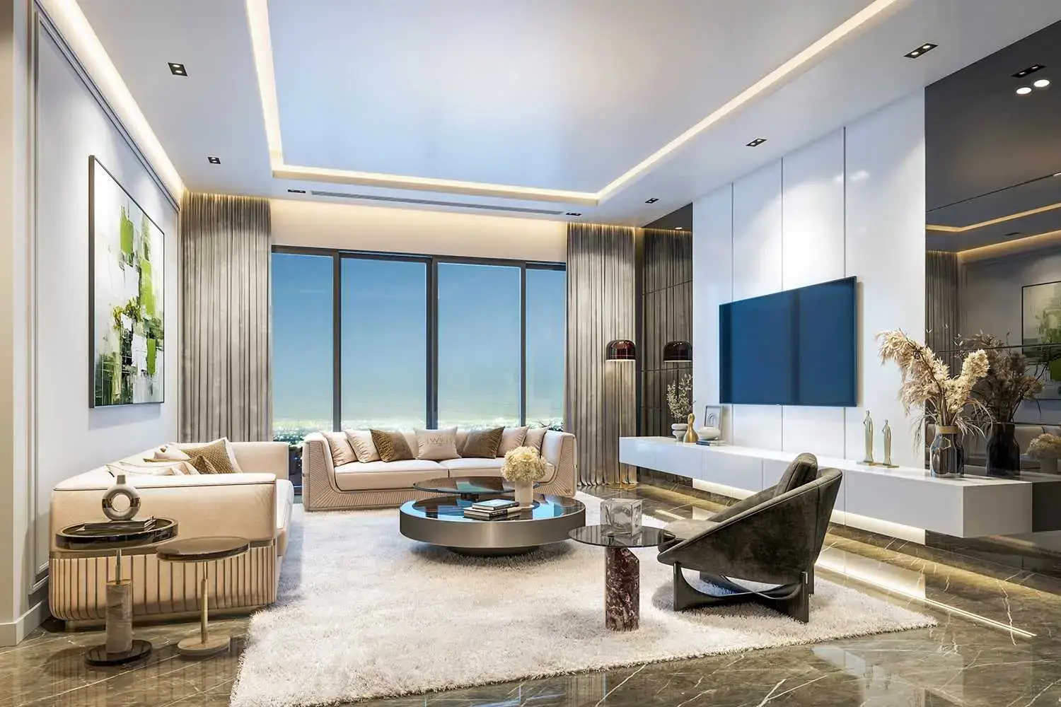Spacious living room with large windows, plush furniture, and elegant decor.