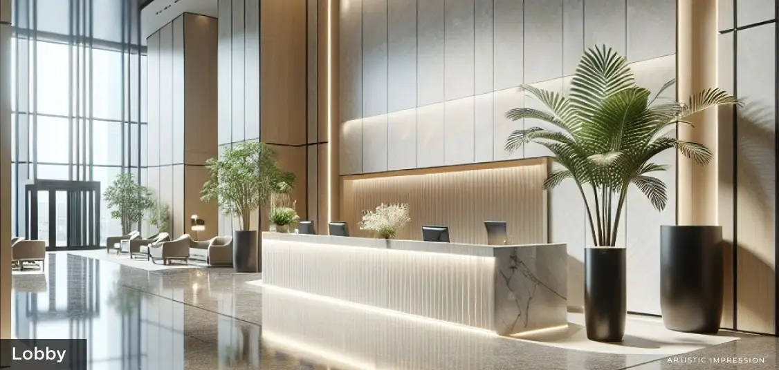 Modern lobby with marble reception desk, large windows, and decorative plants.