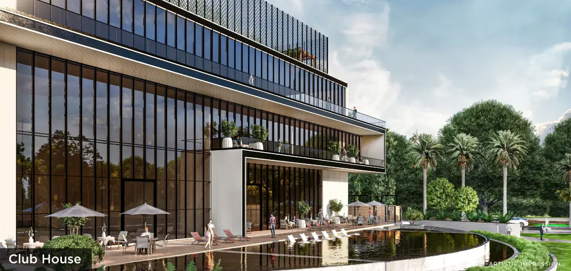 Modern club house with large glass windows, outdoor seating, and landscaped gardens.