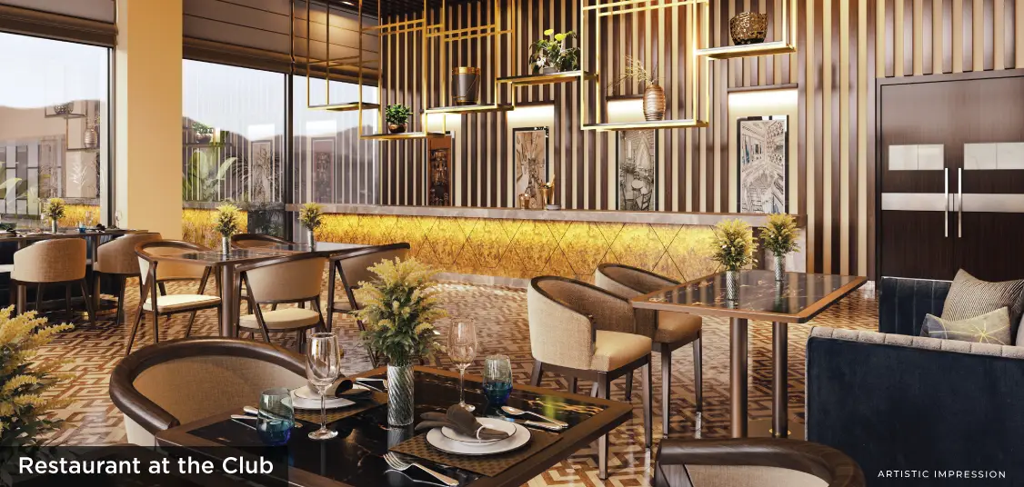 Elegant restaurant with wooden accents, tables set for dining, and decorative plants.