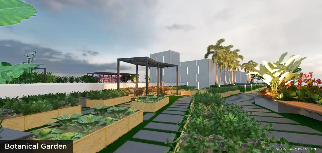 Landscape design featuring raised garden beds, pathways, and tropical plants under a cloudy sky.