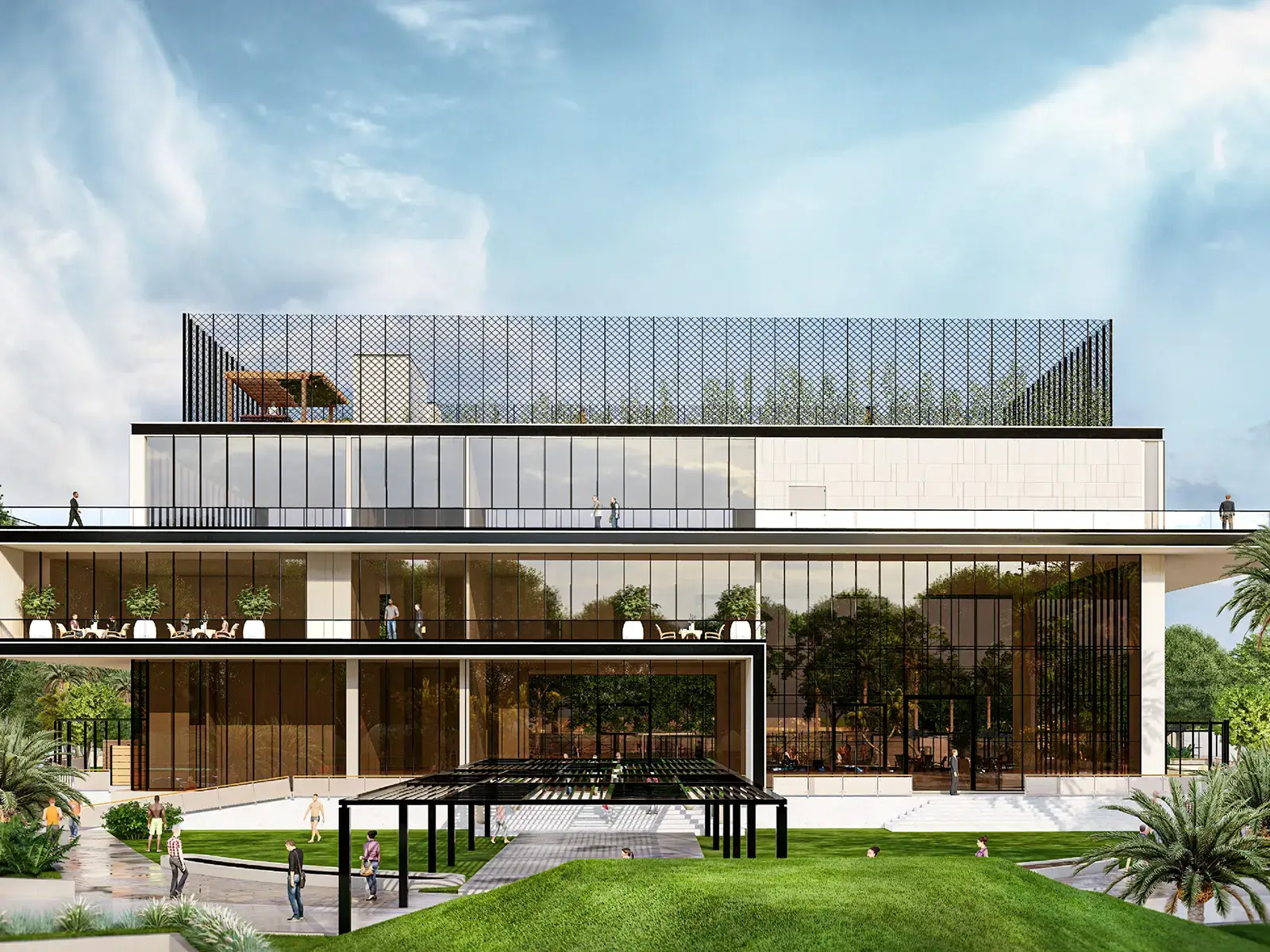 Contemporary building with large glass windows, rooftop terrace, and landscaped surroundings.