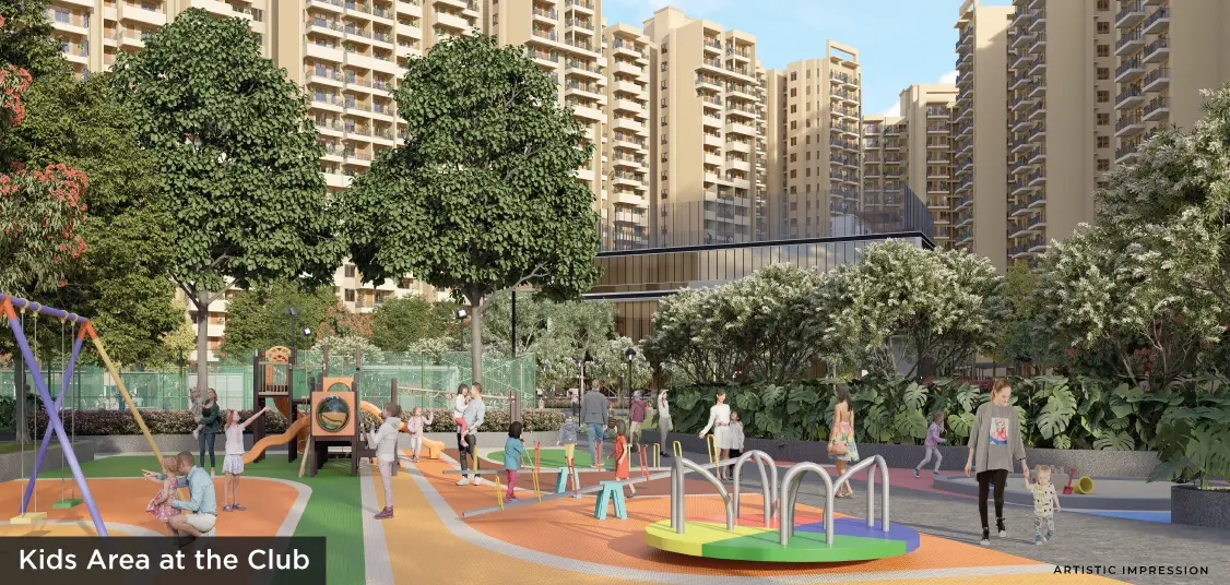 Colorful playground with children playing, surrounded by greenery and tall buildings.