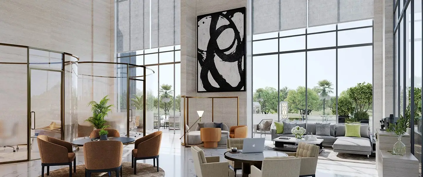 Modern business centre with large windows, seating areas, and abstract wall art.