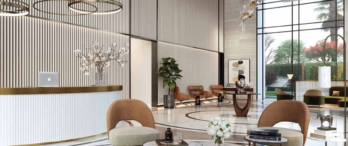 Modern reception area with a curved desk, seating, decorative plants, and large windows.