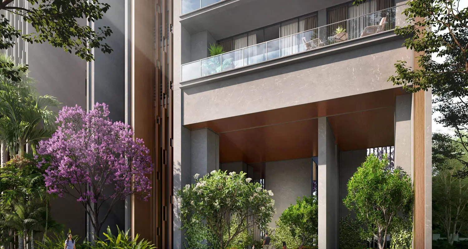Contemporary building with large balcony, lush greenery, and purple flowering tree in foreground.