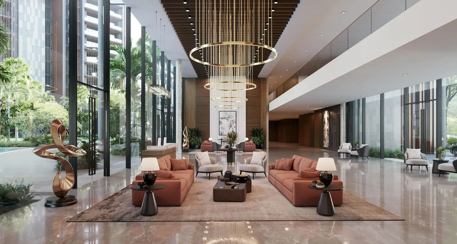 Modern lobby with elegant seating, large windows, and decorative lighting features.