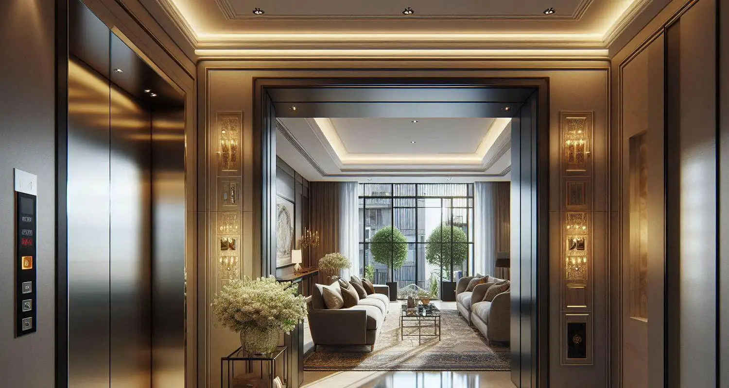 Modern elevator lobby leading to a stylish living room with plants and elegant furniture.