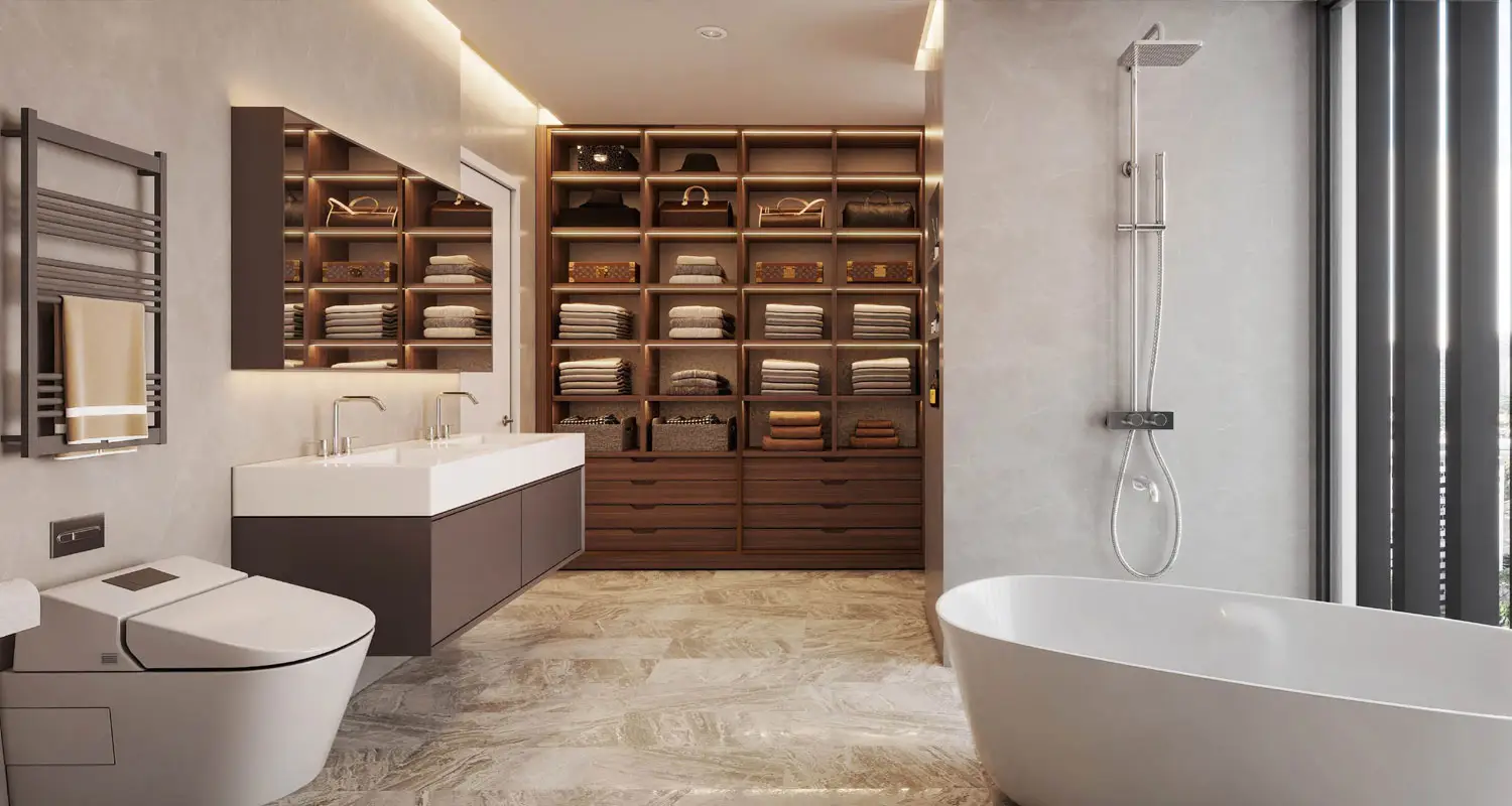 Spacious bathroom featuring a freestanding tub, double sink vanity, and organized shelving.
