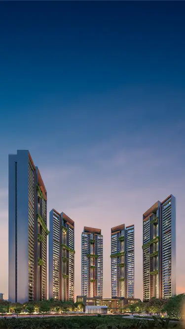 Five modern residential towers with greenery, set against a twilight sky.