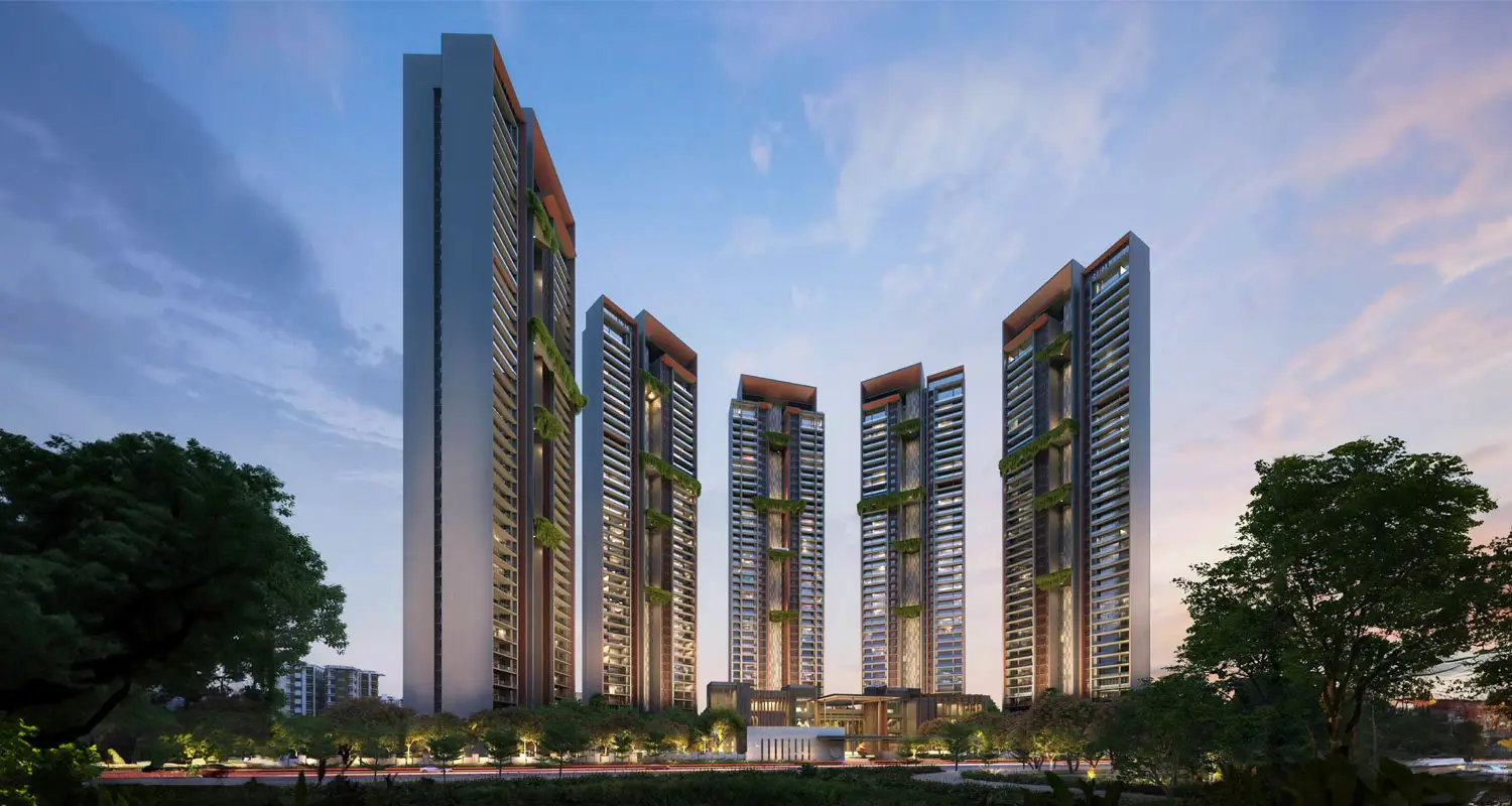 Five tall residential towers with greenery, set against a colorful sky at dusk.