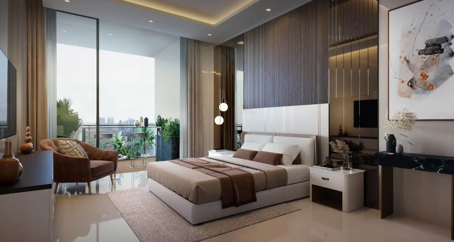 Spacious bedroom featuring a large bed, stylish furniture, and a balcony view with greenery.
