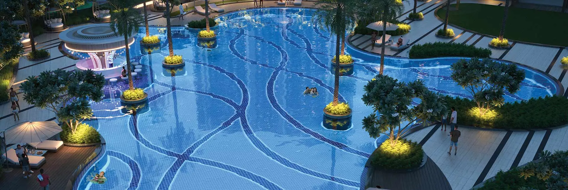 A large swimming pool with decorative lights, palm trees, and lounge chairs around it.